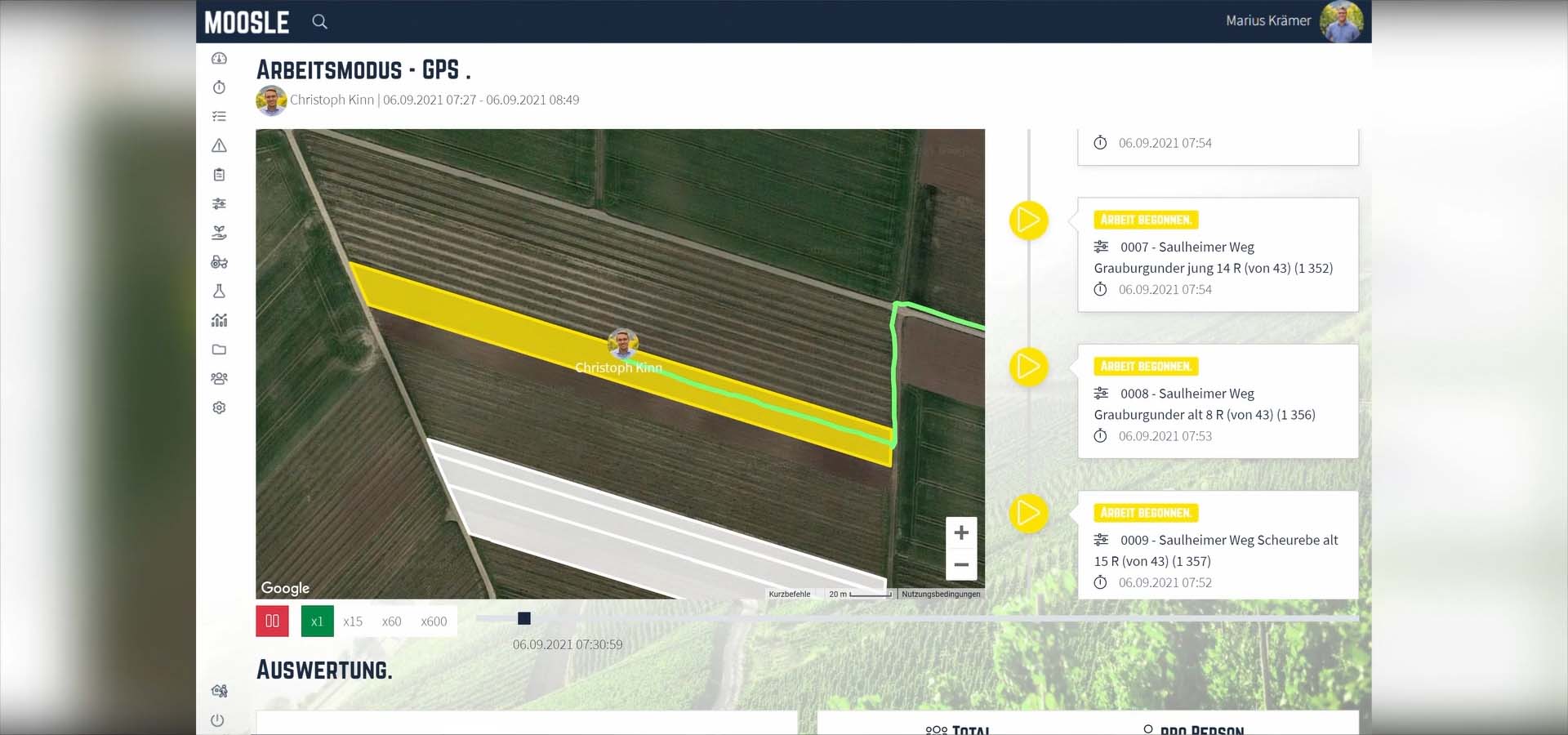 Moosle App Screencast zeigt Arbeitsmodus mit GPS Koordinaten an